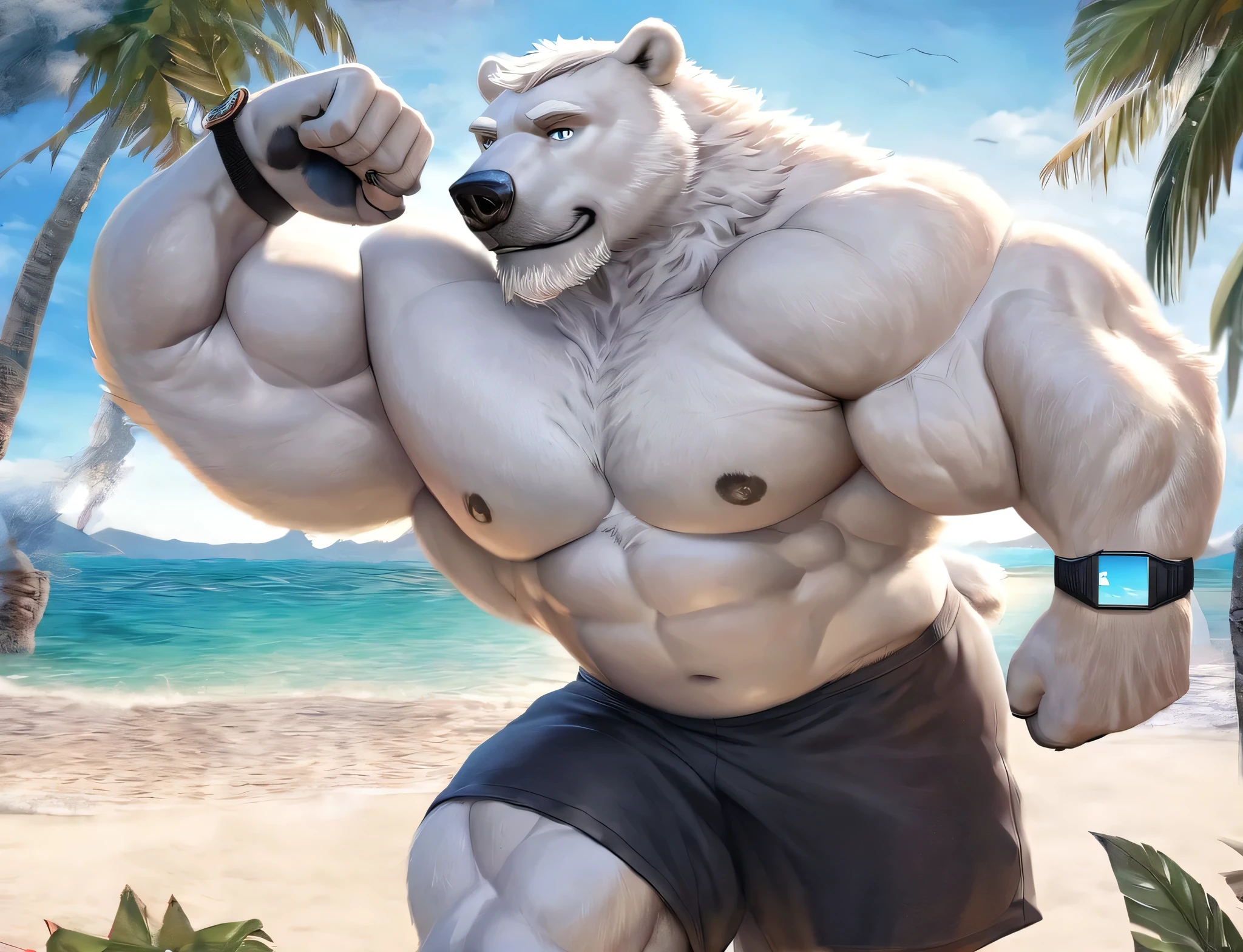 huge muscular old polar bear Dad in Tropical Beach, big smirk, polar bear, huge white fur, thick arm, huge arm, bearded. Short white hair and white beard, white mustache, bearded white, (pumped muscular, pectoral, wide pectoral, thick arms), correct anatomy, beach, palm, realistic, added grayish eyebrows, deatiled eyes with blue pupils, 8k, masterpiece, (wearing black shorts, wristband, watch and shirtless), bending and stretching his powerful body muscles