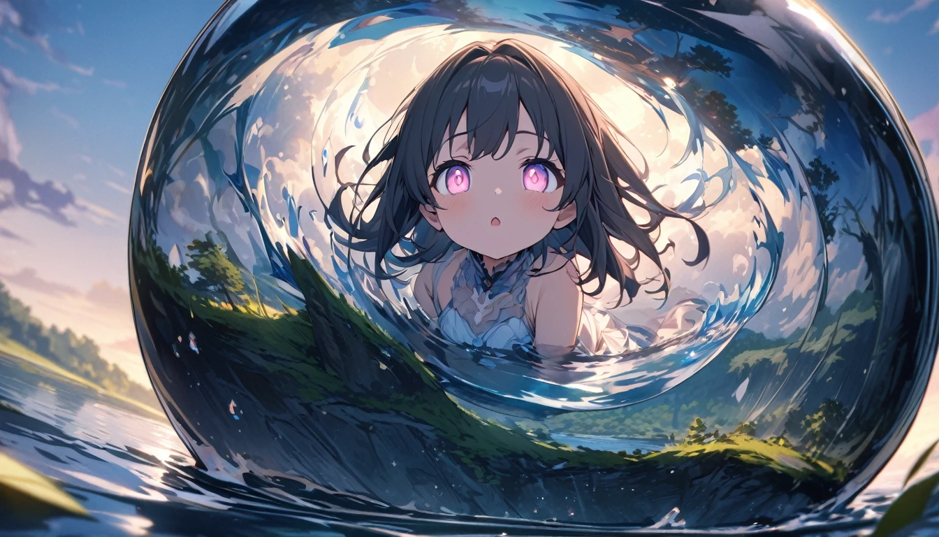 (highest quality、masterpiece、High resolution、be familiar with),(shining eyes、be familiar with美しい顔),1 girl,In a big bottle with a lake in it,floating,wonderful、beautiful anime