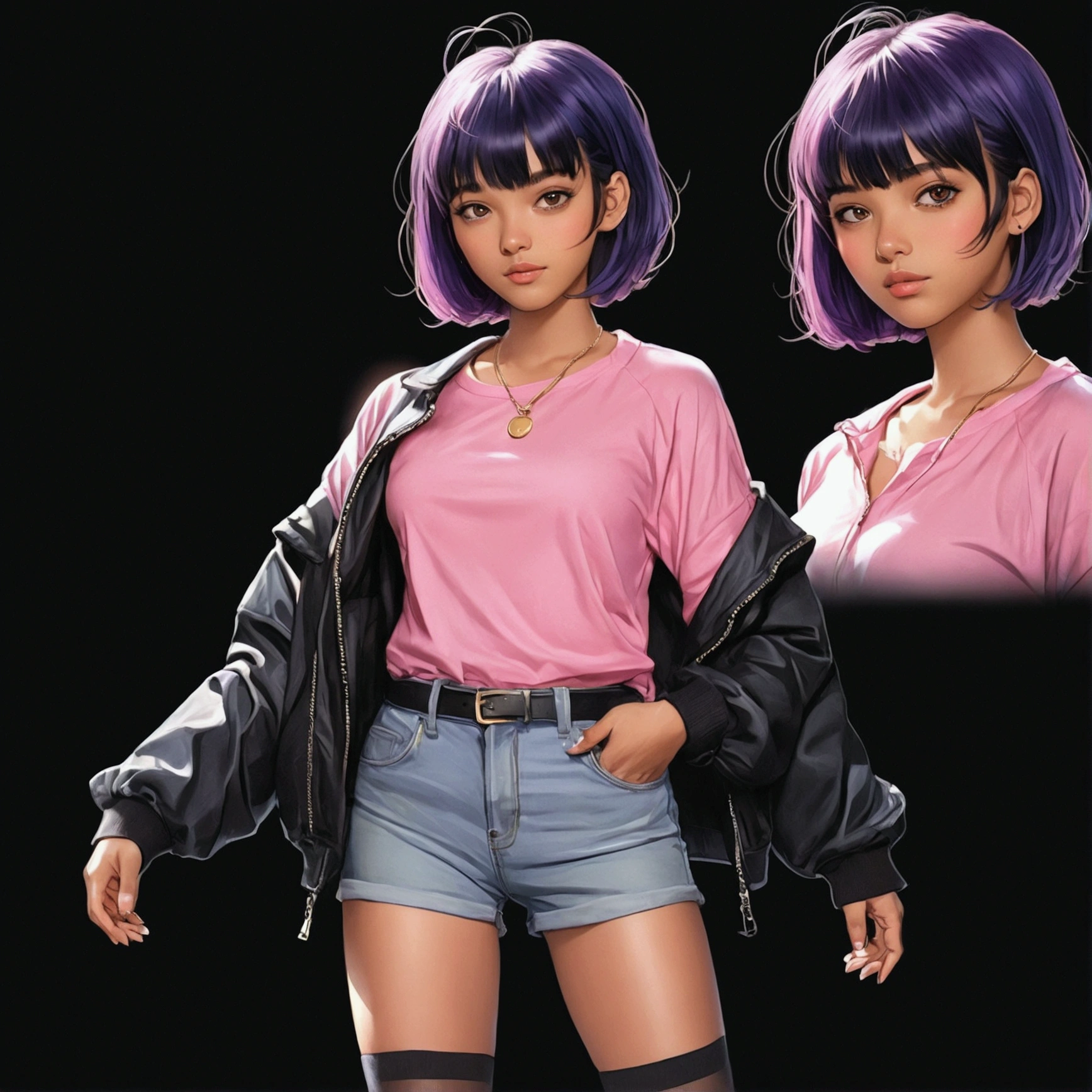 female human adult, dark skinned female, latina, short blue hair with bangs, golden eyes, wearing a pink shirt, denim shorts, black ankle boots, black large stockings, also wearing a black jacket with purple lines on the sleeves. white blurred background. manga style