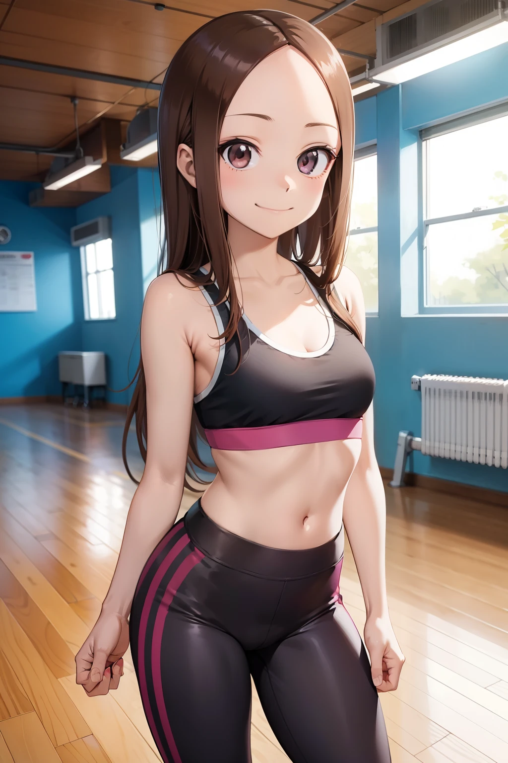 Takagi-san  ,solo 1girl,  smug smile,  long hair,  sport bra , gym ,purple leggings.  Standing pose .sexy pose. 