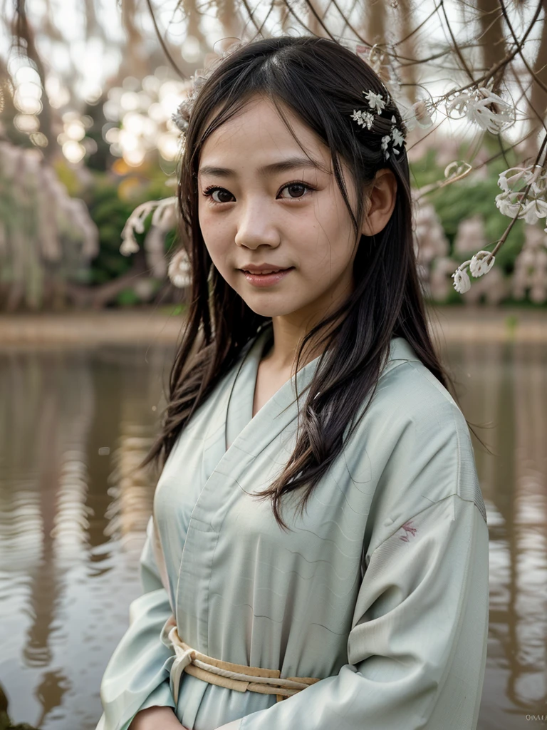 10A 10 years old Japanese girl in a kimono, standing under a weeping willow tree, smiling, beautiful detailed eyes, beautiful detailed lips, extremely detailed eyes and face, long eyelashes, photorealistic, portrait, natural lighting, muted color palette, cinematic composition, soft focus, masterpiece