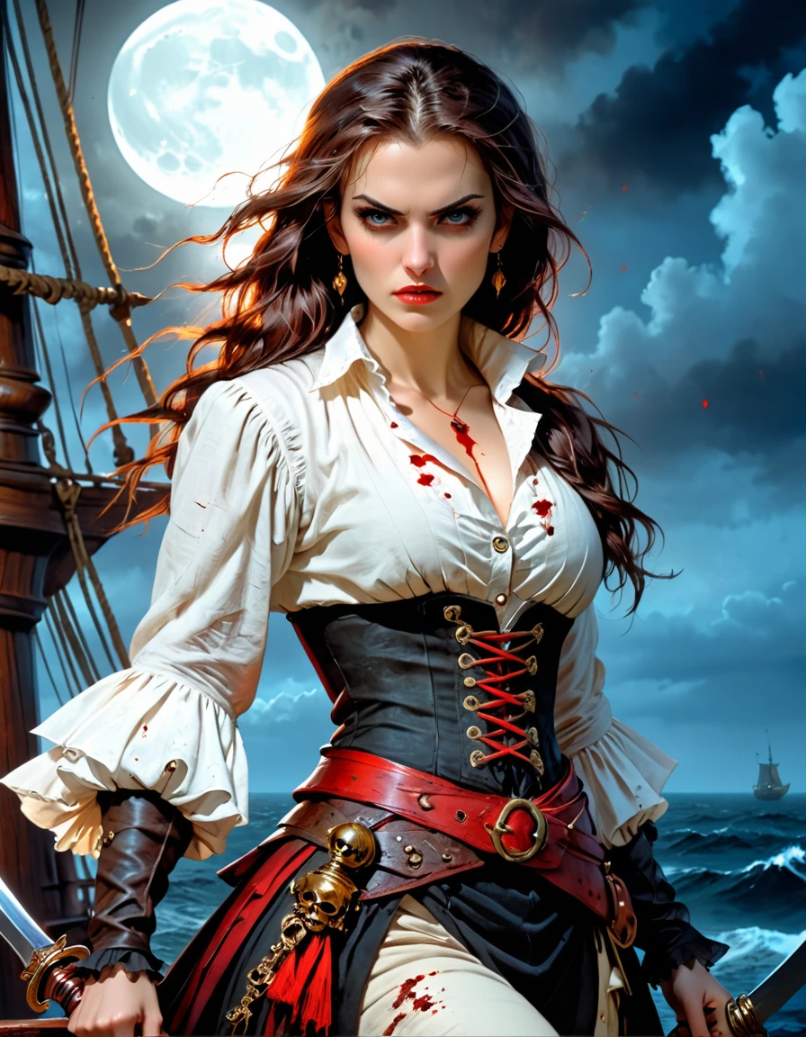 a portrait of a woman vampire pirate queen on a pirate ship ready for battle, ((full body: 1.5)), ((anatomically correct: 1.5)), (ultra detailed face: 1.2), looking tense, looking dangerous, dynamic eye color, glowing eyes, dynamic hair color, dynamic hair style dynamic skin complexion, wearing 18th century white button shirt, with ((stains of blood: 1.3)), busty , wearing wearing high heeled boots, it is night time at sea, moon is high, some clouds,18th century pirate ship background, vibrant, Ultra-high resolution, High Contrast, (masterpiece:1.5), highest quality, Best aesthetics), best details, best quality, highres, 16k, (ultra detailed: 1.5), masterpiece, best quality, (extremely detailed) RAW, (ultra details, Masterpiece, best quality), Hyperrealism style, holding sword, Intense gaze, holding sword rapier, vampire teeth, BloodSoakedAI, holding sword, Dark Art Painting Style