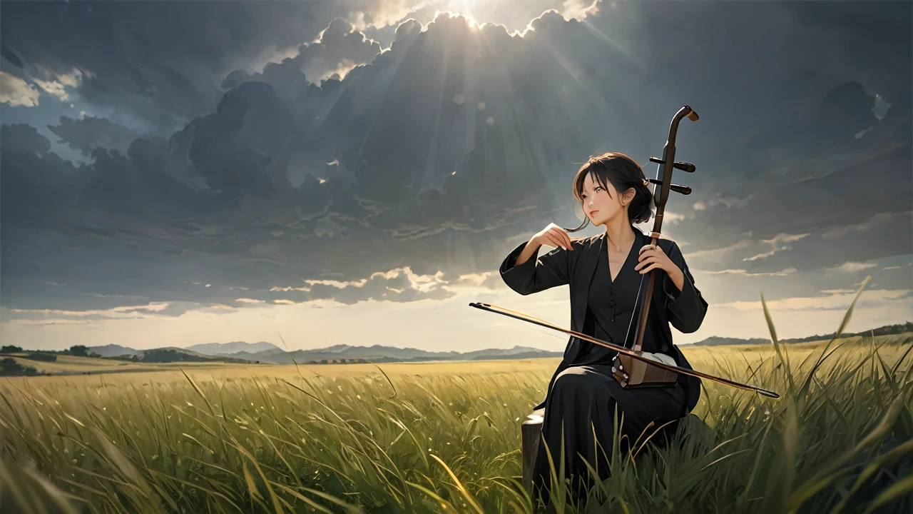 short hair,play erhu,Holding Erhu,,, (((Masterpiece, high-quality animation, realistic and beautiful photos, (HDR: 1.2), Fine pores, meticulous attention to detail, beautiful texture, RAW photos, 16K, sharp focus, movie lighting))),((Good structure,Good composition,Good atomicity)), ((grassland, The original,beautiful)),