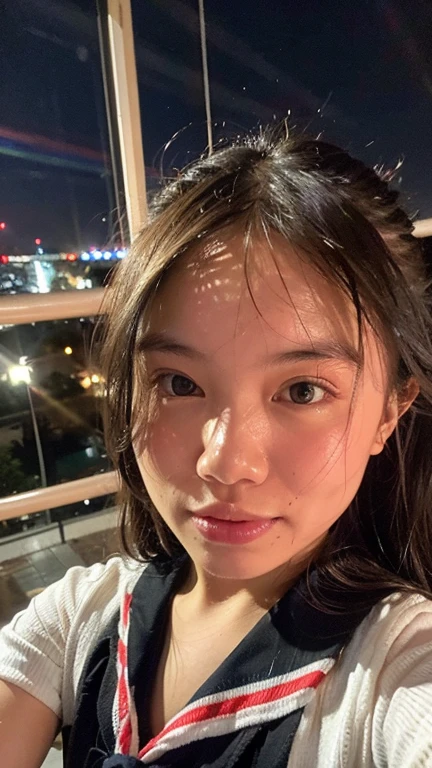 Masterpiece, best quality, ultra high res, realistic, (photorealistic:1.4), photography, rule of third, 1girl, blunt bangs, black hair, (the girl wearing black sailor uniform), (at the top of building:1.1), night, city light, cinematic lighting, 80s filter, detailed face , looking at viewer, (selfie:1.1), pov