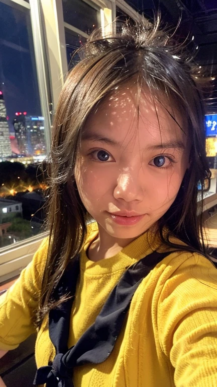 Masterpiece, best quality, ultra high res, realistic, (photorealistic:1.4), photography, rule of third, 1girl, blunt bangs, black hair, (the girl wearing black sailor uniform), (at the top of building:1.1), night, city light, cinematic lighting, 80s filter, detailed face , looking at viewer, (selfie:1.1), pov
