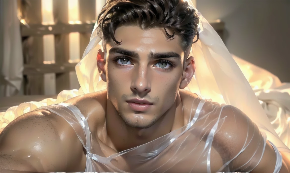 "((highly detailed, detailed eyes, detailed face, clear and realistic facial features, photorealistic, realistic light; cinematic)), (1 man), ((((artist studio background)))), (((23-year-old male))), (((seductive sexy enigmatic gorgeous greek male model))), ((((Greek nose)))), ((strong ethnic Greek appearance)), ((((model is acting enticing)))), ((seductive expression)), (((blushing))), ((short dark-brown hair)), ((((mysterious eyes)))), ((olive skin)), (((long dark-brown natural eyelashes))), (((clean-shaven face))), (((posing seductively with body draped in a sheer white silk sheet))."