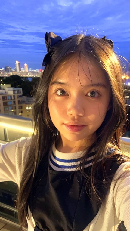 Masterpiece, best quality, ultra high res, realistic, (photorealistic:1.4), photography, rule of third, 1girl, blunt bangs, black hair, (the girl wearing black sailor uniform), (at the top of building:1.1), night, city light, cinematic lighting, 80s filter, detailed face , looking at viewer, (selfie:1.1), pov