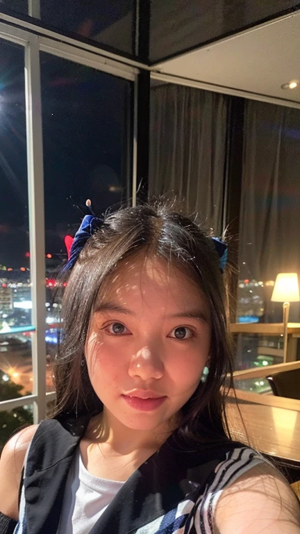 Masterpiece, best quality, ultra high res, realistic, (photorealistic:1.4), photography, rule of third, 1girl, blunt bangs, black hair, (the girl wearing black sailor uniform), (at the top of building:1.1), night, city light, cinematic lighting, 80s filter, detailed face , looking at viewer, (selfie:1.1), pov