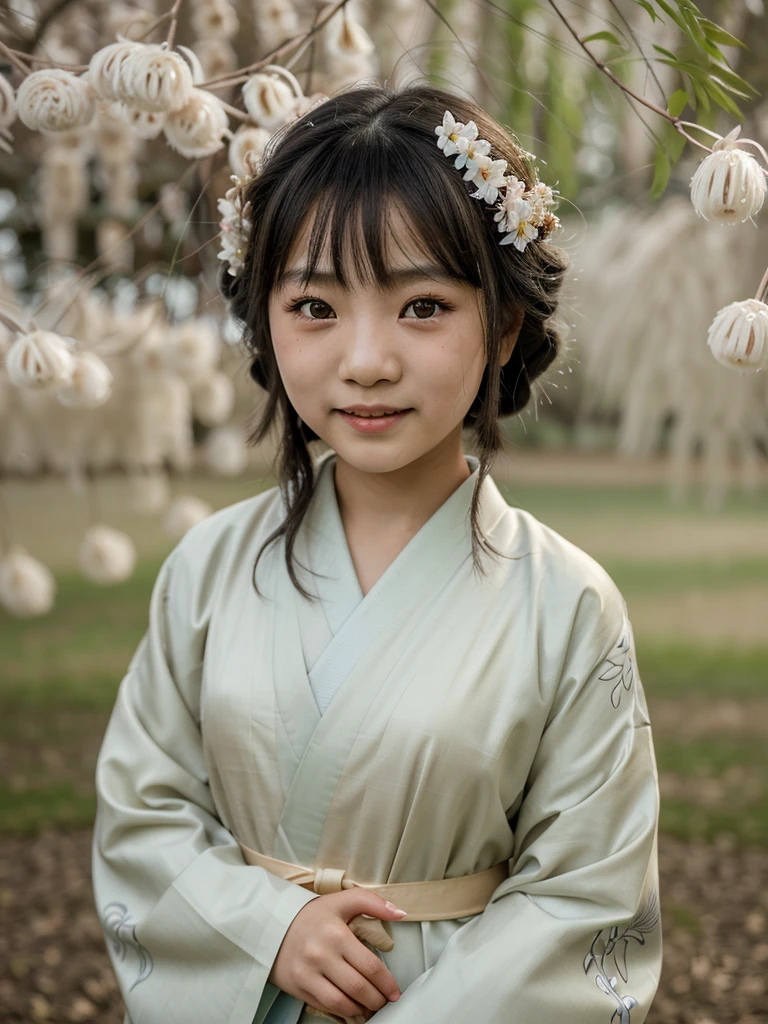 10A ************ Japanese girl in a kimono, standing under a weeping willow tree, smiling, beautiful detailed eyes, beautiful detailed lips, extremely detailed eyes and face, long eyelashes, photorealistic, portrait, natural lighting, muted color palette, cinematic composition, soft focus, masterpiece