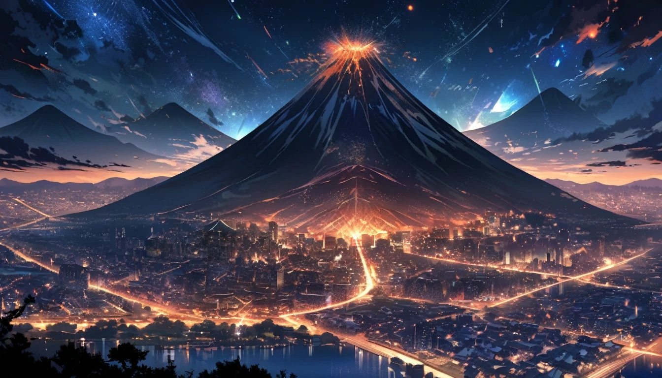 a vast and majestic skyline. a beautiful city at night time. big mount fuji behind the city. in thee sky there are meteors. a boy in close up is looking at the sky. the sky is very very beautiful