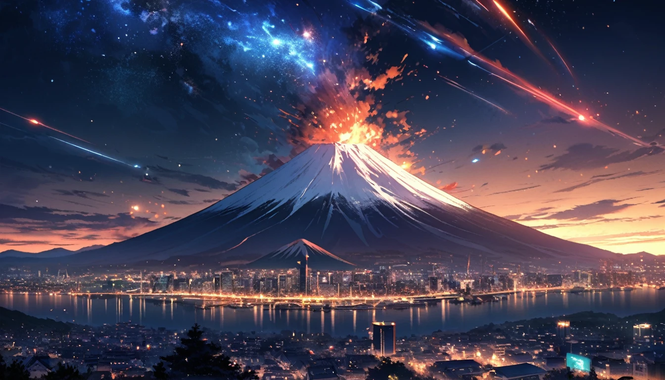 a vast and majestic skyline. a beautiful city at night time. big mount fuji behind the city. in thee sky there are meteors. a boy in close up is looking at the sky. the sky is very very beautiful