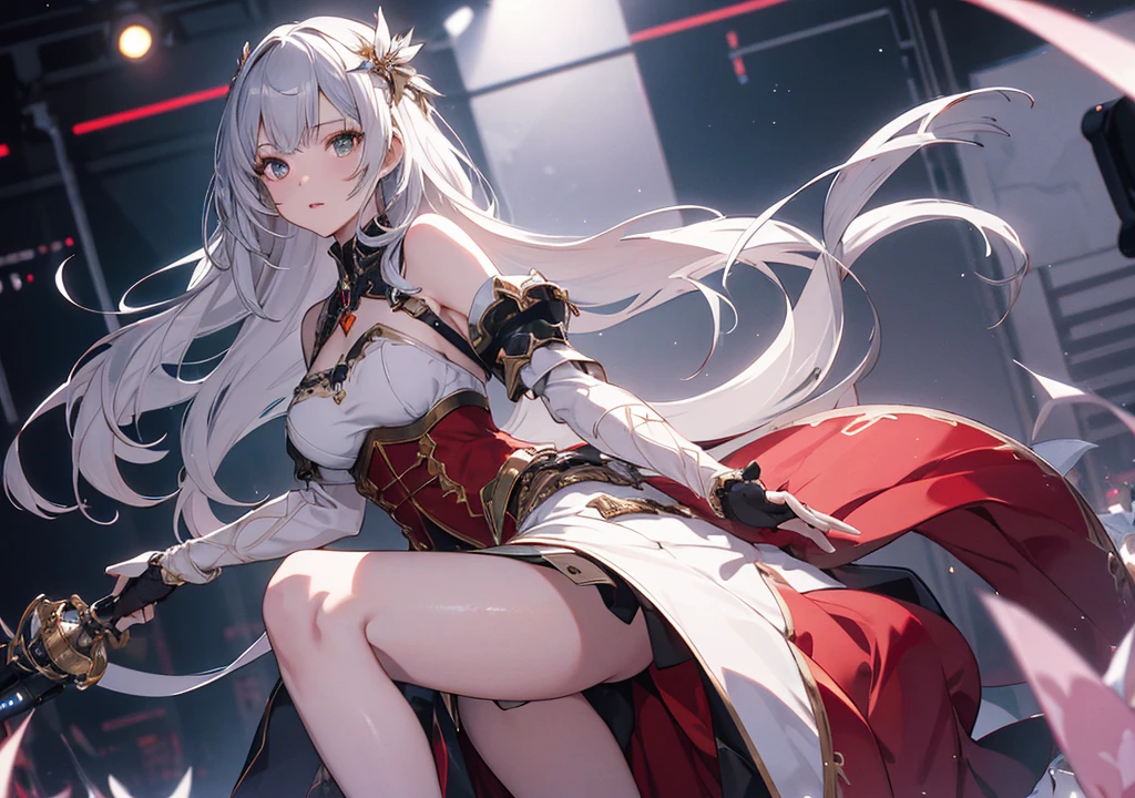 Realistic photos, Focus distance 10mm, Red and white, Beautiful girl, Realistic photos, Shooting at focus distance 10mm, masterpiece, 最high quality, high quality, Very detailed CG 8k wallpaper unit, Award-winning photography, Depth of written boundary, High resolution, bloom, chromatic aberration, Realistic, Very detailed, Art Station Trends, CGsociety Trends, Complex, High detail, dramatic, Art on the go, volumetric lighting, theme: Heroic Singer
Character: A beautiful girl in a stylish armor-like outfit, singing
Setting: Fantasy stage, lit by spotlights
Facial expression: Confident expression, intense gaze
Hair style: Long silver hair, straight