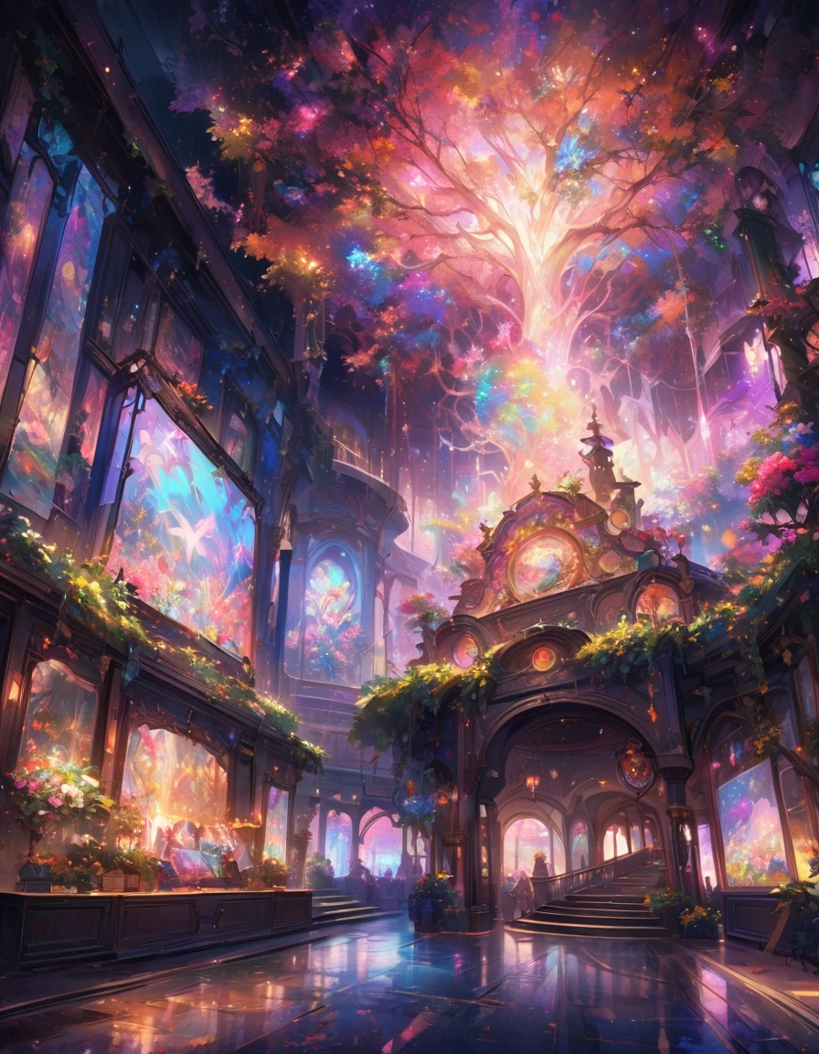 Detailed textures, high quality, high resolution, high accuracy, realism, color correction, correct lighting settings, harmonious composition. In the center of an exhibition hall, there is a large tree with glowing flowers and leaves that radiate colorful light from within its branches. The surrounding area features many display cabinets filled with various art installations made by children, each showcasing their unique creativity in different styles. In front of these exhibition cabinets are art installations in the style of Space Art digital painting, colorful lights. --ar 3:4 --niji 6