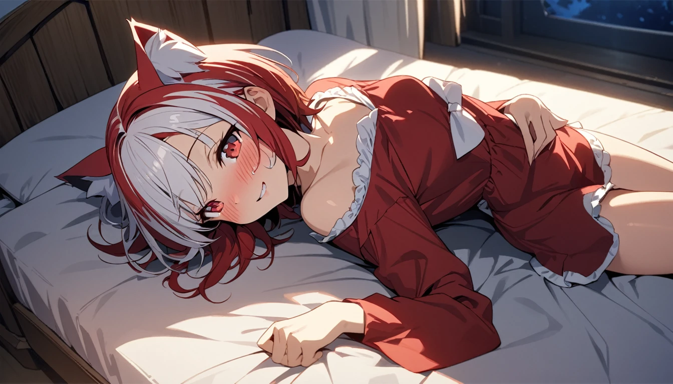 1 girl (cat eared, without human ears), beautiful eyes finely detailed, (two tone hair color (red and white), short hair), tipsy smile, drunk, blush on her face, wearing red dress, laying her back on sofa, middle ages style bedroom, full body, anime best girl, masterpiece sidelighting, night time, ​masterpiece, top-quality, detailed, High resolution illustration