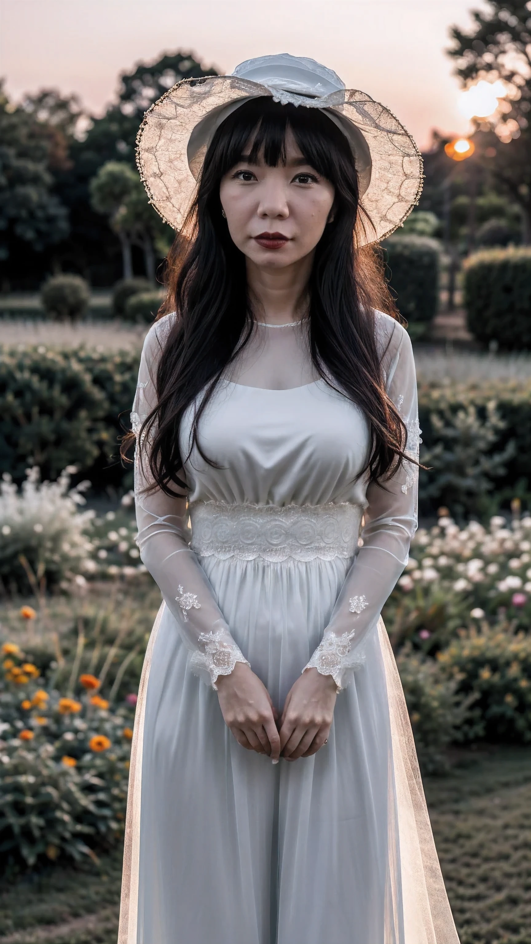 (masterpiece, best quality:1.2), (60yo Asian female), old, 1girl, ParewaFace, light grey hair, long hair, bang hair, solo, fat body, (medium long shot), wearing gothic white organza dress, wearing flower wide hat, against black flower garden, sunset, blurry background, (bokeh)