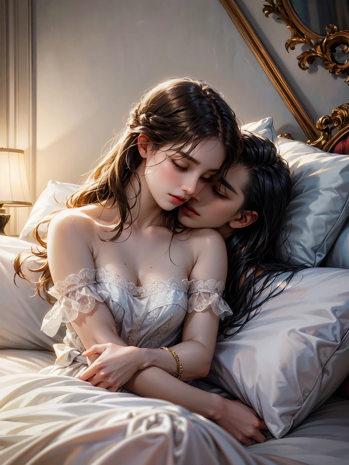 romantic and intimate scene of a man and woman on a bed. The image should emphasize their connection and affection, capturing a moment of closeness and tenderness. The scene should be depicted with a sense of softness and elegance, with a focus on their expressions and the gentle interaction between them. The setting should be cozy and warm, with soft lighting that enhances the emotional atmosphere while maintaining a respectful and artistic portrayal of their intimacy.