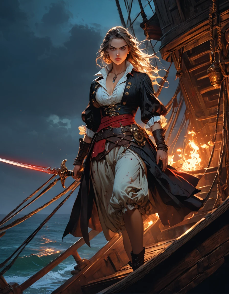 a portrait of a woman vampire pirate queen on a pirate ship ready for battle, ((full body: 1.5)), ((anatomically correct: 1.5)), (ultra detailed face: 1.2), looking tense, looking dangerous,  dynamic eye color, glowing eyes, dynamic hair color, dynamic hair style dynamic skin complexion, wearing 18th century white button shirt, with ((stains of blood: 1.3)), busty , wearing  wearing high heeled boots, it is night time at sea, moon is high, some clouds,18th century pirate ship background,  vibrant, Ultra-high resolution, High Contrast, (masterpiece:1.5), highest quality, Best aesthetics), best details, best quality, highres, 16k, (ultra detailed: 1.5), masterpiece, best quality, (extremely detailed) RAW, (ultra details, Masterpiece, best quality), Hyperrealism style, holding sword, Intense gaze, holding sword rapier, vampire teeth, BloodSoakedAI, holding sword, Dark Art Painting Style