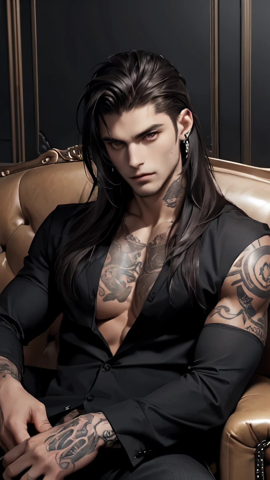 ((portrait)) ((fully clothed)) ((handsome male)) ((long hair)), dark eyes, tattoos, dominant, sitting on a couch, piercings, seductive gaze, dark hair, half-up "wolf cut"