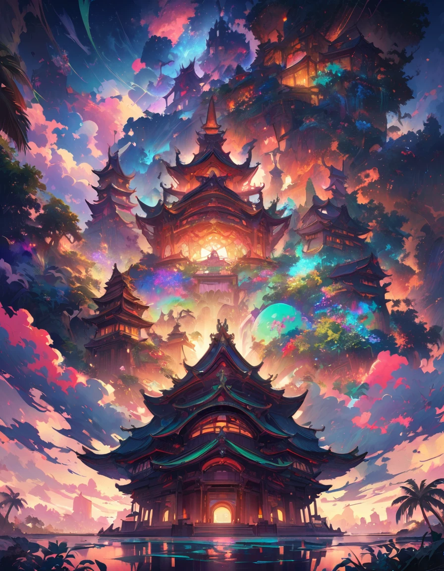 Detailed textures, high quality, high resolution, high accuracy, realism, color correction, correct lighting settings, harmonious composition. A Japanese-style castle floating in the sky, surrounded by clouds and palm trees, rendered with surreal details. The scene is bathed in bright colors, with the architecture adorned with vibrant reds and greens. In an anime-inspired style, it features high resolution and intricate architectural design. This whimsical setting creates a fantastical atmosphere, showcasing a blend of traditional Asian aesthetics with futuristic elements. High definition, full body shot. --ar 3:4 --niji 6