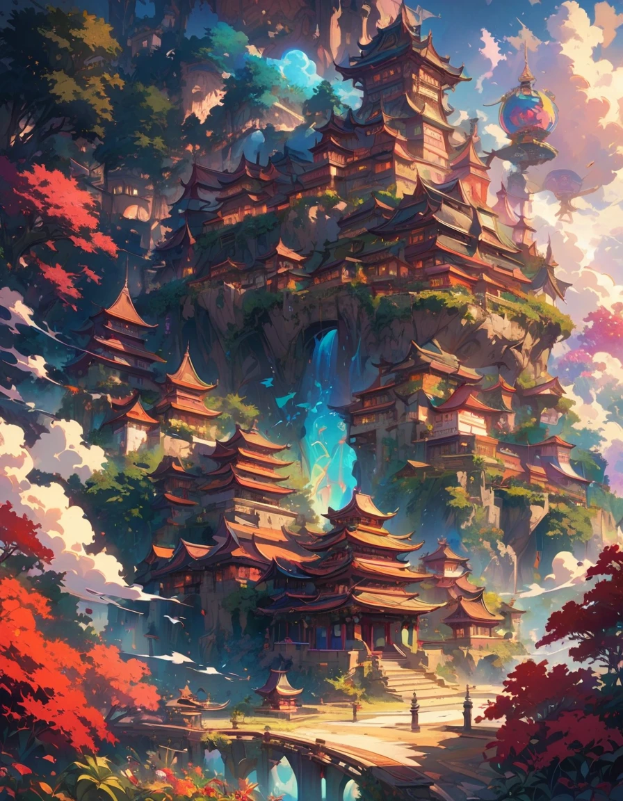 Detailed textures, high quality, high resolution, high accuracy, realism, color correction, correct lighting settings, harmonious composition. A Japanese-style castle floating in the sky, surrounded by clouds and palm trees, rendered with surreal details. The scene is bathed in bright colors, with the architecture adorned with vibrant reds and greens. In an anime-inspired style, it features high resolution and intricate architectural design. This whimsical setting creates a fantastical atmosphere, showcasing a blend of traditional Asian aesthetics with futuristic elements. High definition, full body shot. --ar 3:4 --niji 6