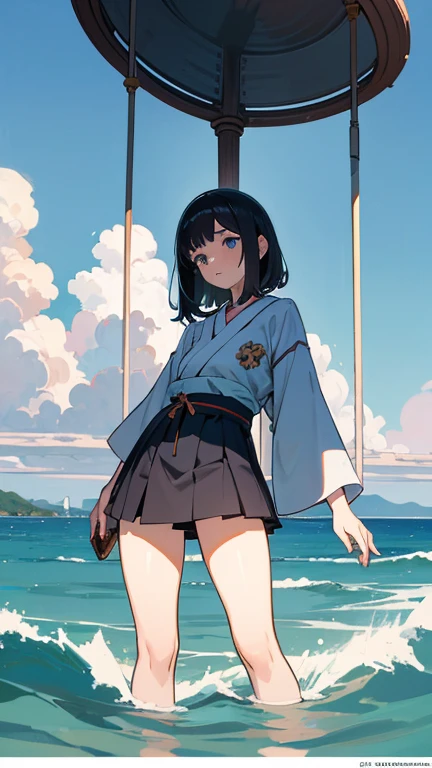 Jason Brooks, Mariajo Ilustrajo, Severus Lian, Owen Davey, Koloman moser, Surrealism, wonder, strange, bizarre, fantasy, Sci-fi, Japanese anime, summer music box, natural sea at high tide, beautiful high school girl in miniskirt, perfect voluminous body, detailed masterpiece 