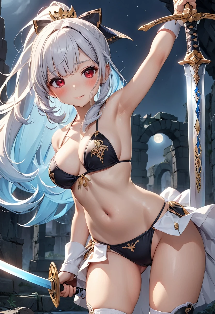 ((((swordfighting scene with holding oversized-holysword)))),at ruins illuminated by fullmoon,Create a swordfighting scene of a anthropomorphic-holysword lovely-swordwarrior-littleprinsess, Extremely adorable Extremely innocent ,She blushest of embarrassment because her in a ornate-magical-black-metallic-G-string-bikini is too revealing a lot of gold accessories holds the ceremonial artifacts high-leg-bikini cut away at the hip ,Cute innocent girl, A large, swaying bust, Sensual expression,Severe, Shyness,, ultra-detailed,lovely elegant,shynessembarrassed,extremely detailed, 4K, 8k, super detailed game CG, delicate, Shynessの表情,highponytail-silverlonghair with bangs with platinum inner color,white skin, red eyes, deep makeup,fullmoon the ruins surround her at beautiful fullmoon ruins,kneesocks,fractalivy isometrics details bioluminescence,Perfect Anatomy,(blush), curls,Cute innocent girl, The sacred oath of the swordwarrior of the Round TableOne for all all for one,