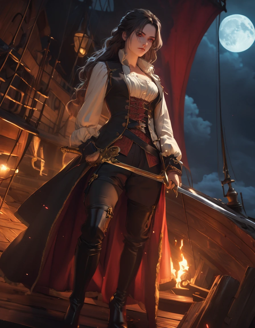 a portrait of a woman vampire pirate queen on a pirate ship ready for battle, ((full body: 1.5)), ((anatomically correct: 1.5)), (ultra detailed face: 1.2), looking tense, looking dangerous,  dynamic eye color, glowing eyes, dynamic hair color, dynamic hair style dynamic skin complexion, wearing 18th century white button shirt, with ((stains of blood: 1.3)), busty , wearing  wearing high heeled boots, it is night time at sea, moon is high, some clouds,18th century pirate ship background,  vibrant, Ultra-high resolution, High Contrast, (masterpiece:1.5), highest quality, Best aesthetics), best details, best quality, highres, 16k, (ultra detailed: 1.5), masterpiece, best quality, (extremely detailed) RAW, (ultra details, Masterpiece, best quality), Hyperrealism style, holding sword, Intense gaze, holding sword rapier, vampire teeth, dripping blood, holding sword, Dark Art Painting Style