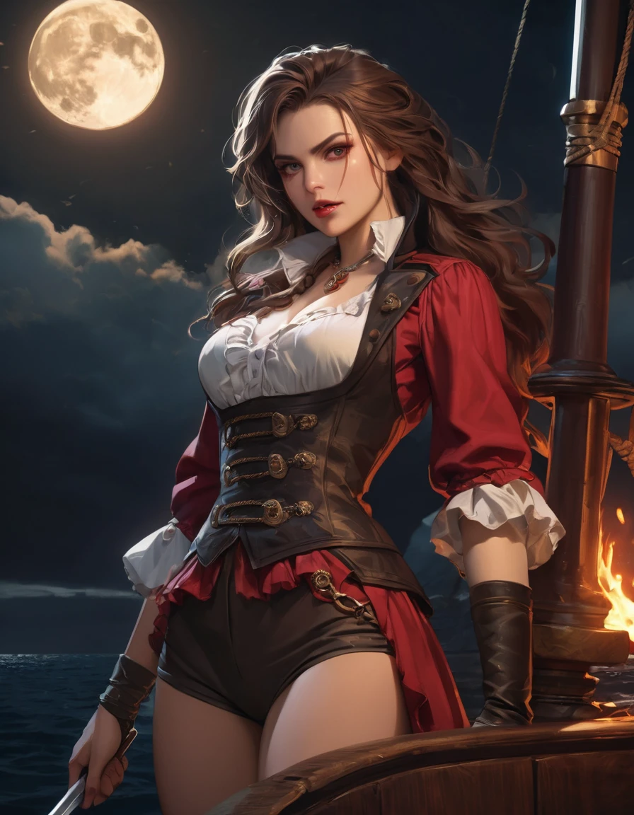 a portrait of a woman vampire pirate queen on a pirate ship ready for battle, ((full body: 1.5)), ((anatomically correct: 1.5)), (ultra detailed face: 1.2), looking tense, looking dangerous,  dynamic eye color, glowing eyes, dynamic hair color, dynamic hair style dynamic skin complexion, wearing 18th century white button shirt, with ((stains of blood: 1.3)), busty , wearing  wearing high heeled boots, it is night time at sea, moon is high, some clouds,18th century pirate ship background,  vibrant, Ultra-high resolution, High Contrast, (masterpiece:1.5), highest quality, Best aesthetics), best details, best quality, highres, 16k, (ultra detailed: 1.5), masterpiece, best quality, (extremely detailed) RAW, (ultra details, Masterpiece, best quality), Hyperrealism style, holding sword, Intense gaze, holding sword rapier, vampire teeth, dripping blood, holding sword, Dark Art Painting Style