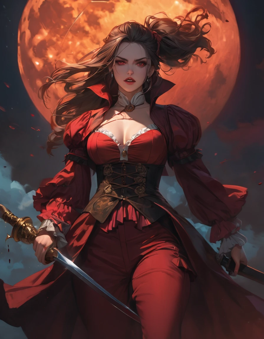 a portrait of a woman vampire pirate queen on a pirate ship ready for battle, ((full body: 1.5)), ((anatomically correct: 1.5)), (ultra detailed face: 1.2), looking tense, looking dangerous,  dynamic eye color, glowing eyes, dynamic hair color, dynamic hair style dynamic skin complexion, wearing 18th century white on shirt, with ((stains of blood: 1.3)), bustearing  wearing high heeled boots, it is night time at sea, moon is high, some clouds,18th century pirate ship background,  vibrant, Ultra-high resolution, High Contrast, (masterpiece:1.5), highest quality, Best aesthetics), best details, best quality, highres, 16k, (ultra detailed: 1.5), masterpiece, best quality, (extremely detailed) RAW, (ultra details, Masterpiece, best quality), Hyperrealism style, holding sword, Intense gaze, holding sword rapier, vampire teeth, dripping blood, holding sword, Dark Art Painting Style