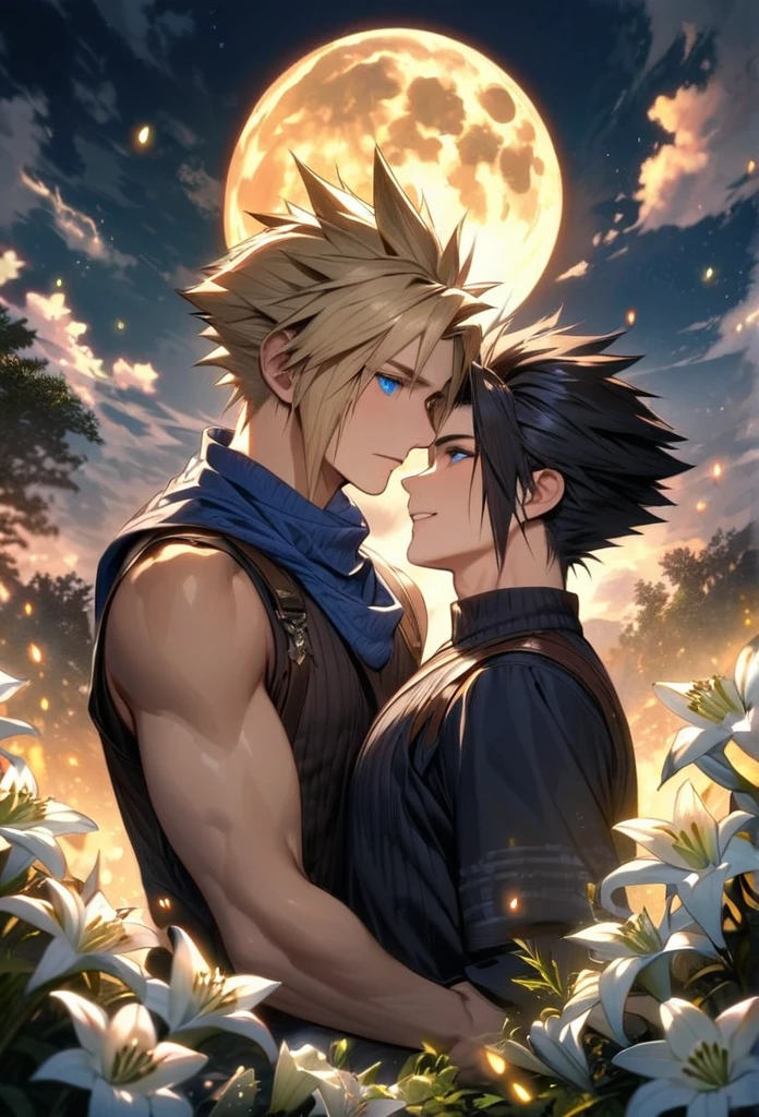 absurdres, highres, ultra detailed, HDR, master piece, best quality, Zack, black hair, expressive blue eyes, Final Fantasy, Cloud Strife, blond hair, expressive blue eyes, 2men together, gay couple, handsome, petals, white lilies, moon, fireflies, extremely detailed face and eyes