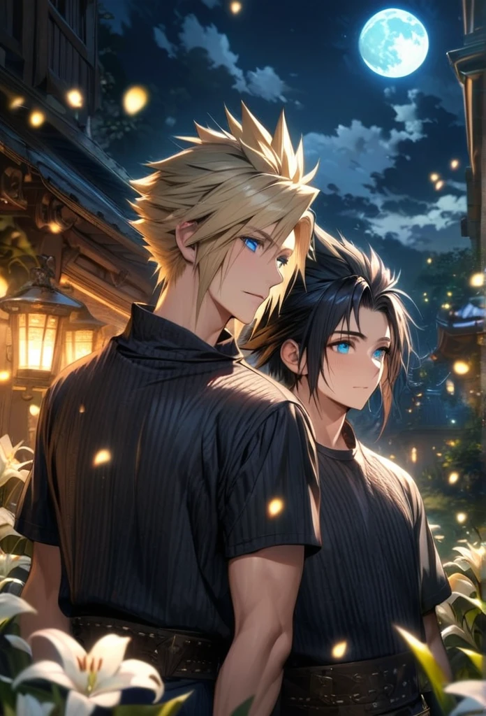 absurdres, highres, ultra detailed, HDR, master piece, best quality, Zack, black hair, expressive blue eyes, Final Fantasy, Cloud Strife, blond hair, expressive blue eyes, 2men together, gay couple, handsome, petals, white lilies, moon, fireflies, extremely detailed face and eyes