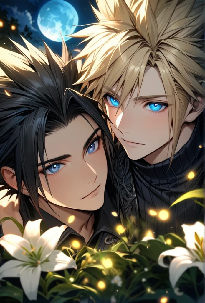 absurdres, highres, ultra detailed, HDR, master piece, best quality, Zack, black hair, expressive blue eyes, Final Fantasy, Cloud Strife, blond hair, expressive blue eyes, 2men together, gay couple, handsome, petals, white lilies, moon, fireflies, extremely detailed face and eyes
