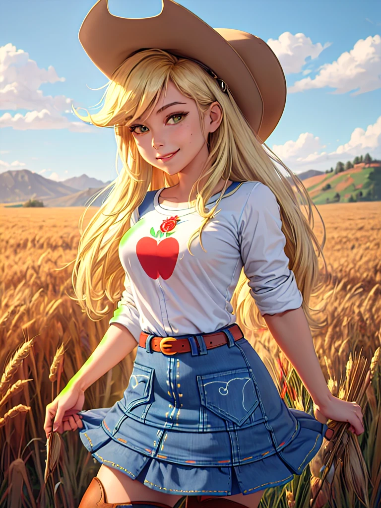 (masterpiece, best quality:1.2), cowboy shot, solo, 1girl, mlpapplejack, smile, looking at viewer, low-tied long hair, cowboy hat, shirt, denim skirt, belt, wheat field, thigh high boots,
