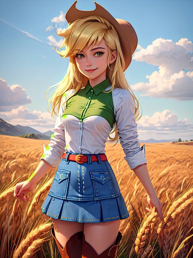 (masterpiece, best quality:1.2), cowboy shot, solo, 1girl, mlpapplejack, smile, looking at viewer, low-tied long hair, cowboy hat, shirt, denim skirt, belt, wheat field, thigh high boots, 