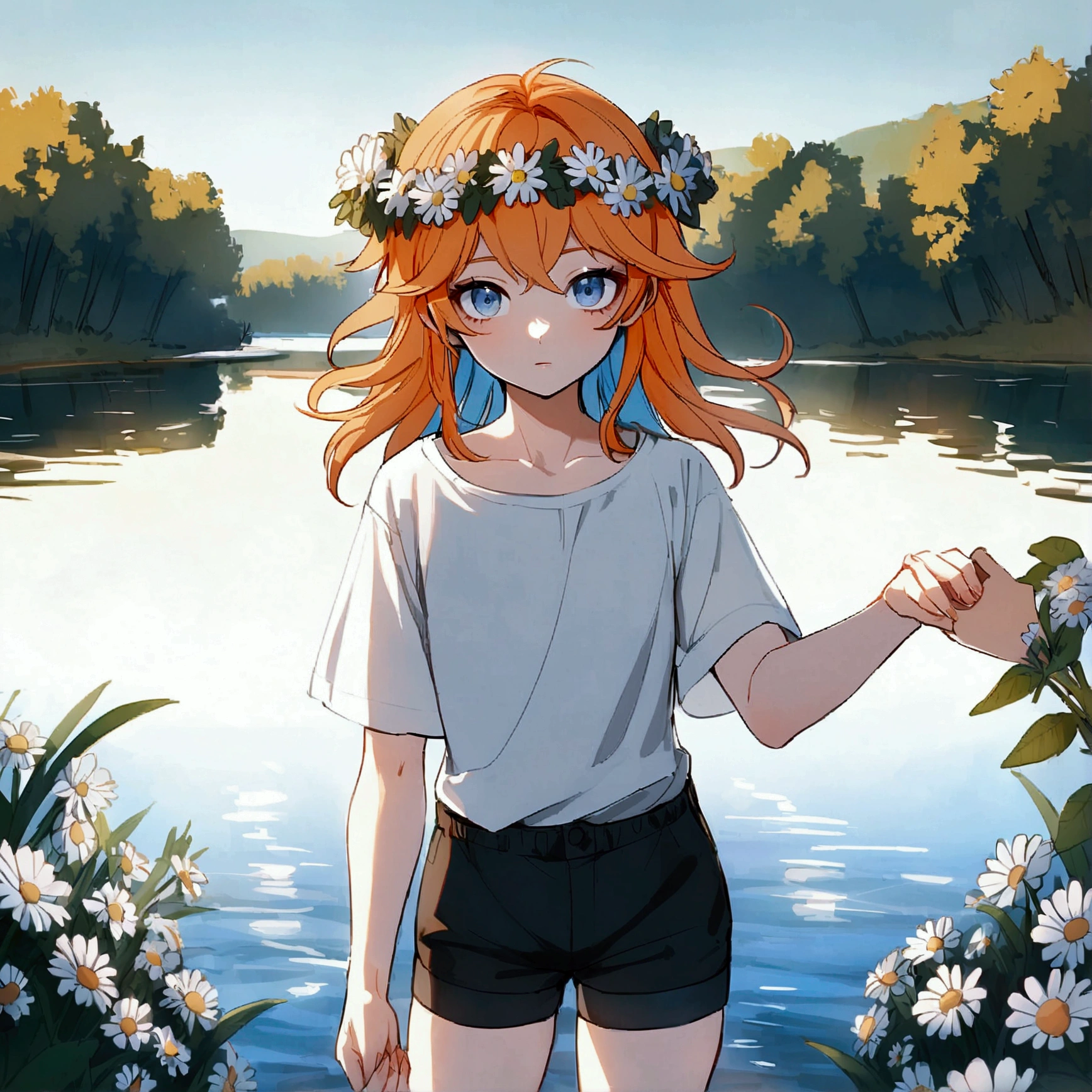 Femboy, carrot hair, A wreath of daisies on the head, blue gyaza, Russian appearance, white t-shirt, black shorts, boy, Near the river, holds the viewer by the hand, gray blue eyes, 1