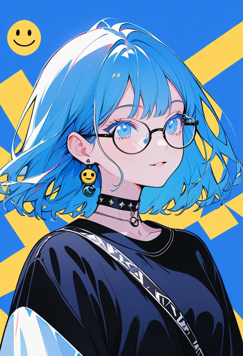 Minimalist，Stylish girl，Blue background，Blue Hair，Wear special earrings，Transparent eyelashes，profile、Bright Blue Eyes，Wearing glasses　black studded choker、clean通透的眼珠，closure，Smiley face flat illustration，geometry，clean