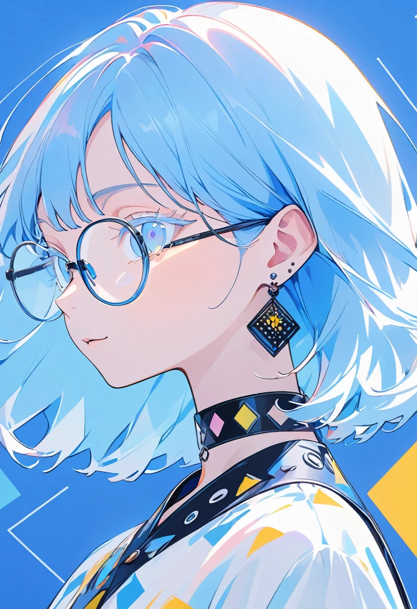 Minimalist,Stylish girl,Blue background,Blue Hair,Wear special earrings,Transparent eyelashes,profile、Bright Blue Eyes,Wearing glasses black studded choker、clean通透的眼珠,closure,Smiley face flat illustration,geometry,clean