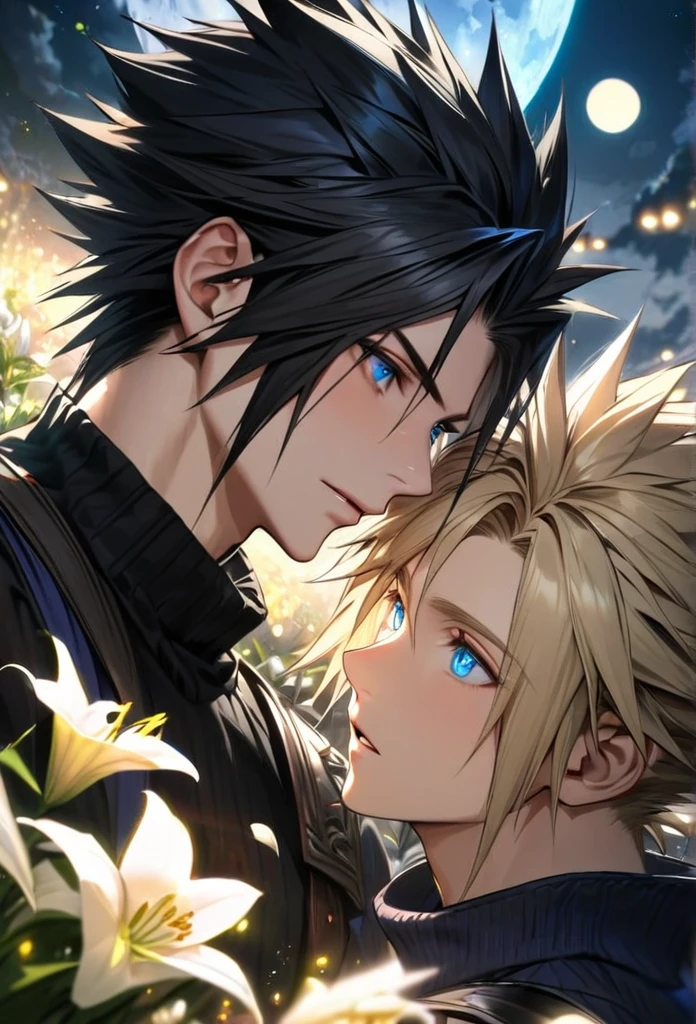 absurdres, highres, ultra detailed, HDR, master piece, best quality, Zack, black hair, expressive blue eyes, Final Fantasy, Cloud Strife, blond hair, expressive blue eyes, 2men together, gay couple, handsome, petals, white lilies, moon, fireflies, extremely detailed face and eyes