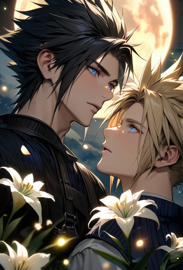 absurdres, highres, ultra detailed, HDR, master piece, best quality, Zack, black hair, expressive blue eyes, Final Fantasy, Cloud Strife, blond hair, expressive blue eyes, 2men together, gay couple, handsome, petals, white lilies, moon, fireflies, extremely detailed face and eyes