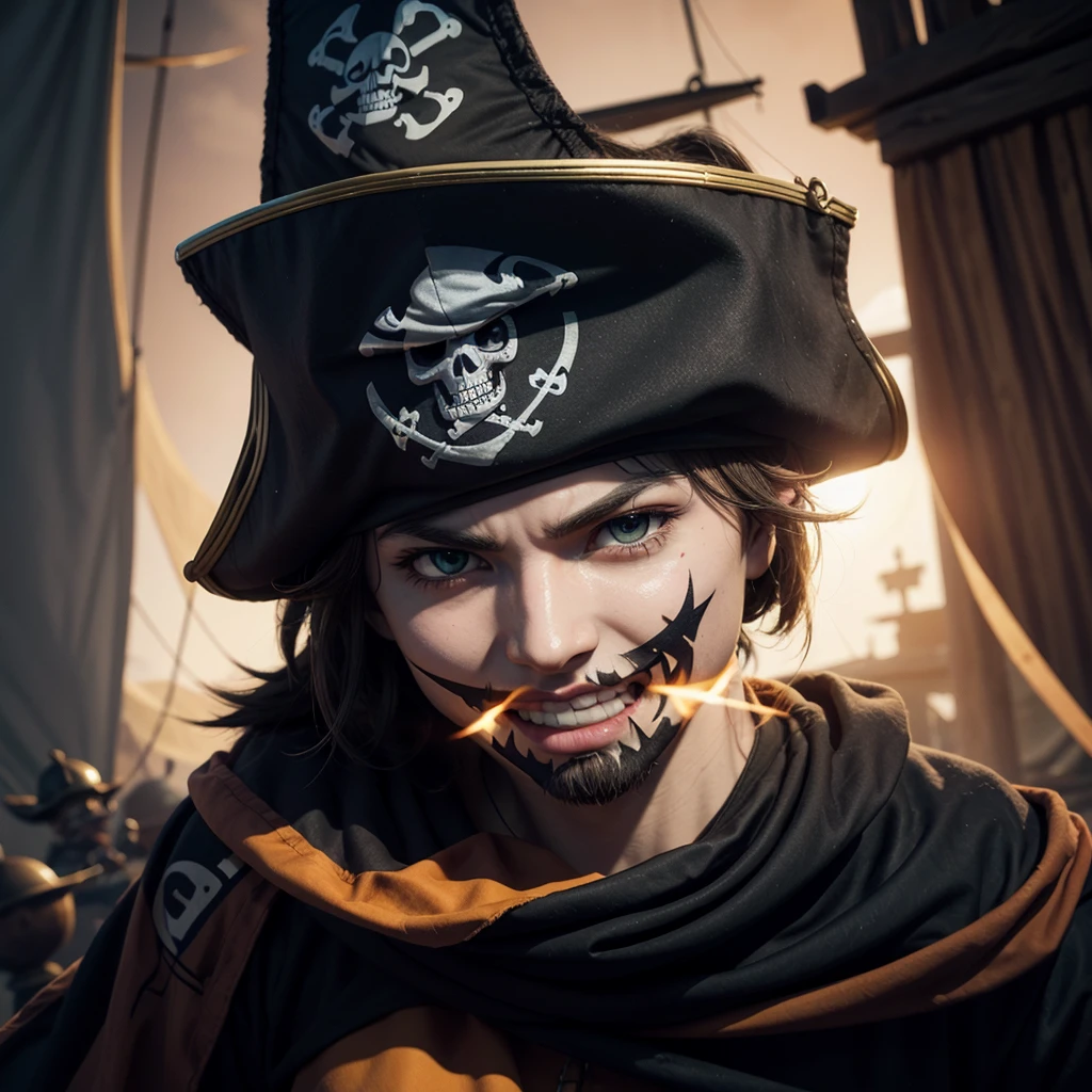 Cartoon, pirate flag, shadow hunters, detaileds, written background "blox fluits", best qualityer,