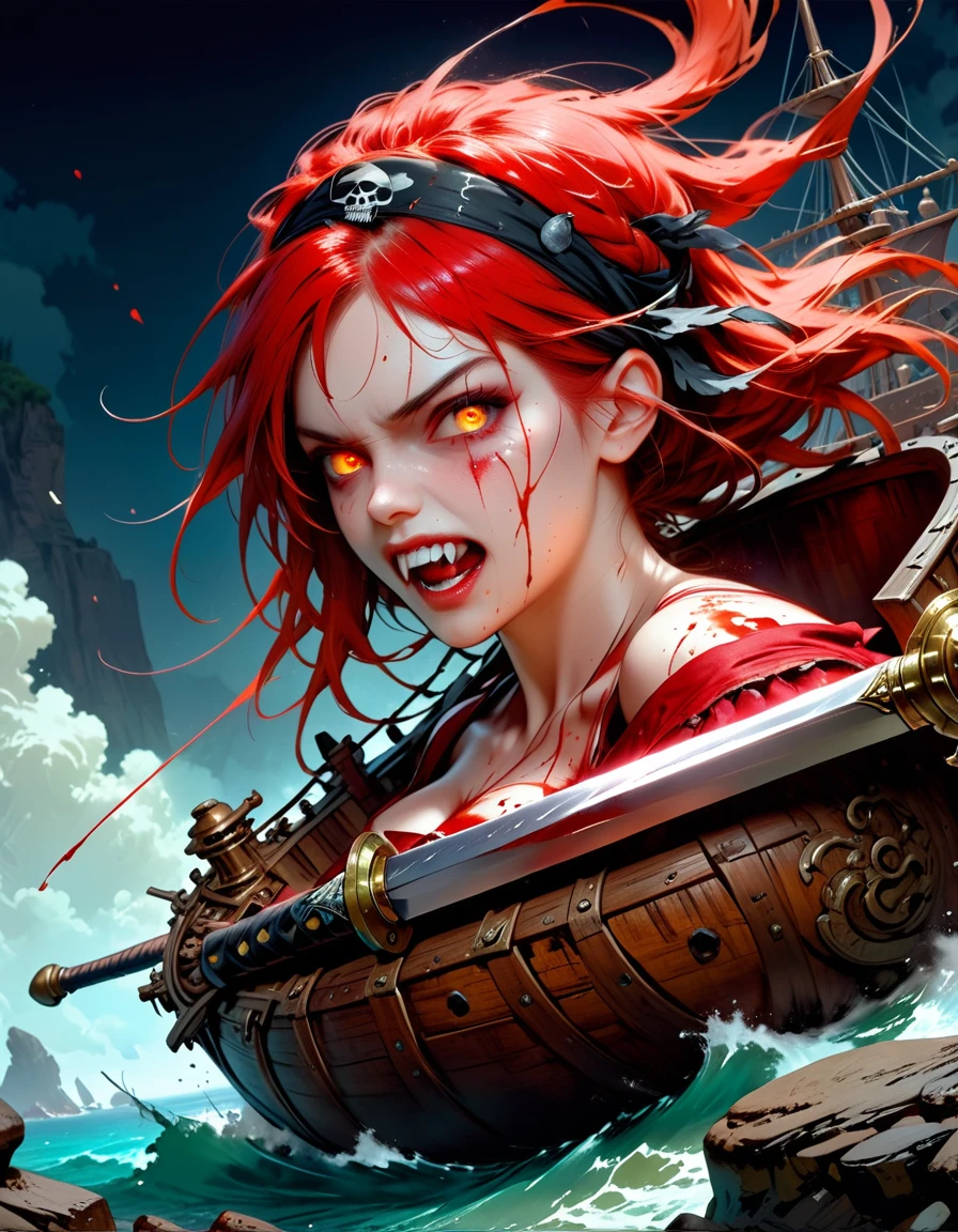 a portrait of a woman vampire pirate queen on a pirate ship ready for battle, ((full body: 1.5)), ((anatomically correct: 1.5)), (ultra detailed face: 1.2), looking tense, looking dangerous, dynamic eye color, glowing eyes, dynamic hair color, dynamic hair style dynamic skin complexion, wearing 18th century white button shirt, with ((stains of blood: 1.3)), busty , wearing wearing high heeled boots, it is night time at sea, moon is high, some clouds,18th century pirate ship background, vibrant, Ultra-high resolution, High Contrast, (masterpiece:1.5), highest quality, Best aesthetics), best details, best quality, highres, 16k, (ultra detailed: 1.5), masterpiece, best quality, (extremely detailed) RAW, (ultra details, Masterpiece, best quality), Hyperrealism style, holding sword, Intense gaze, holding sword rapier, vampire teeth, BloodSoakedAI, holding sword, Dark Art Painting Style