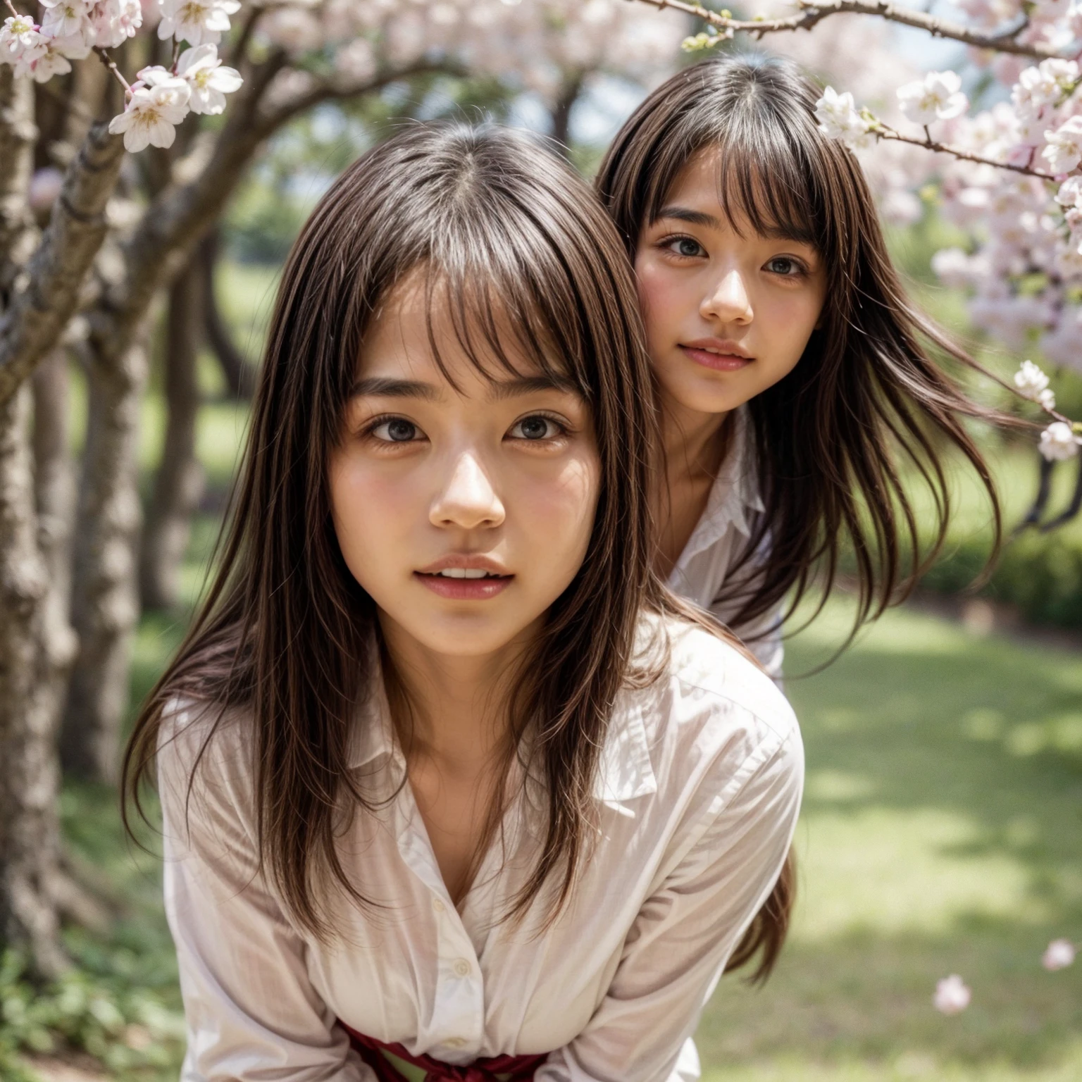 (Surrounding the camera、Panoramic group photo of female students looking down) . (Highest quality, High resolution, masterpiece, Realistic:1.2),(High resolution, Bright colors), Beautiful Face, Detailed facial features, take a picture, (close:1.3, View from below), Detailed Expression, Natural pose, Cherry blossom background with mist, Photon Mapping