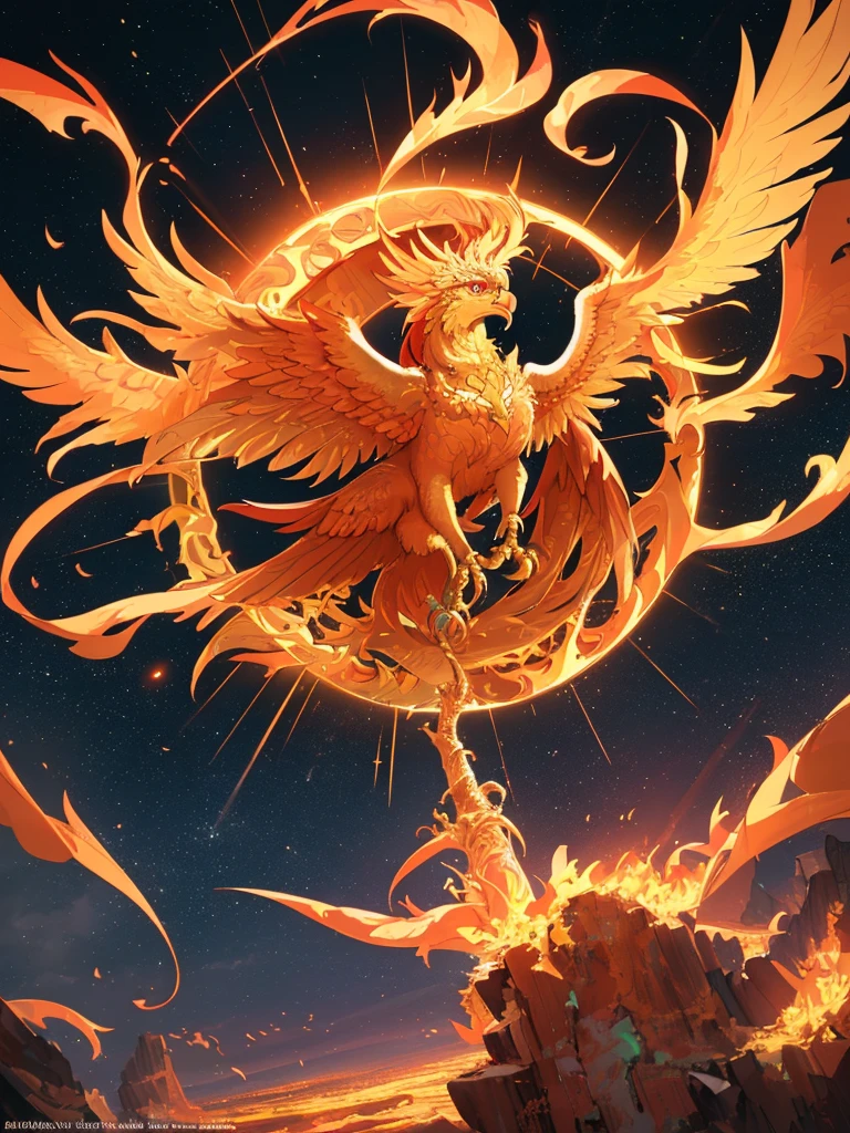 a phoenix rising from destruction, detailed phoenix bird, fiery phoenix, dramatic phoenix, phoenix in the sky, phoenix with glowing feathers, intricate phoenix, powerful phoenix, phoenix spreading its wings, phoenix with majestic presence, phoenix surrounded by flames, phoenix soaring upwards, phoenix with piercing eyes, phoenix with fierce expression, phoenix with dramatic lighting, phoenix with vibrant colors, phoenix with realistic rendering, (best quality,4k,8k,highres,masterpiece:1.2),ultra-detailed,(realistic,photorealistic,photo-realistic:1.37),cinematic lighting,dramatic composition,breathtaking scale