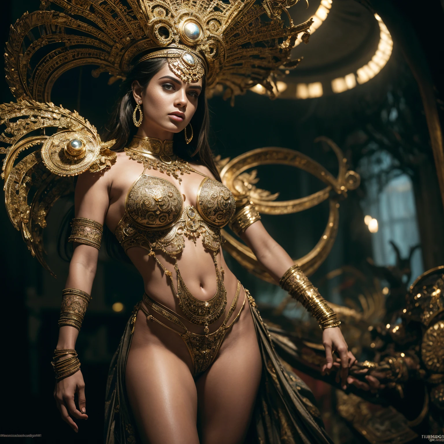 naked Telluric Goddess，perfect breasts, thin waist, round hips, Epic composition, photo, photography, extreme details, highly detailed, 8k, intricate, elegant, fantasy, cinematic lighting, whimsical, fantasy, photographic, realism pushed to extreme, fine texture, photorealistic, Fujifilm XT3, Ultra Realistic, High quality, Highly detailed, trending on artstation, intricate detailed background, From the depths of mythology and folklore, a Theyyam character of Kerala in India comes to life, its intricate body paint and ornate costume a testament to the rich cultural heritage of India, Shot on a Hasselblad high format camera with a 100mm lens. Unmistakable to a photograph. Cinematic lighting. 4k, 8k, 16k, full ultra hd, high resolution and cinematic photography 3:2 --v 5 --upbeta --v 5 --Screen Space Reflections --Diffraction Grading --Chromatic Aberration --GB Displacement --Scan Lines --Ambient Occlusion --Anti-Aliasing FKAA --TXAA --RTX --SSAO --OpenGL-Shader’s --Post Processing --Post-Production --Cell Shading --Tone Mapping --CGI --VFX --SFX --insanely detailed and intricate --hyper maximalist --elegant --dynamic pose --photography --volumetric --ultra-detailed --intricate details --super detailed --ambient –uplight, Naked woman dynamic pose, in transparent gold metal jewelry on whole body, by Dan Piraro, nude, long black hairs, (but extremely beautiful:1.4), large breasts, slim figure, wide hips, (intricate details, masterpiece, best quality:1.4) , in the style of nicola samori, silhouette contrast, Retro-futuristism, vintage sci fi, 50s and 60s style, atomic age, vibrant, highly detailed, retro futurism, dynamic pose, looking at viewer, futuristic steampunk background 