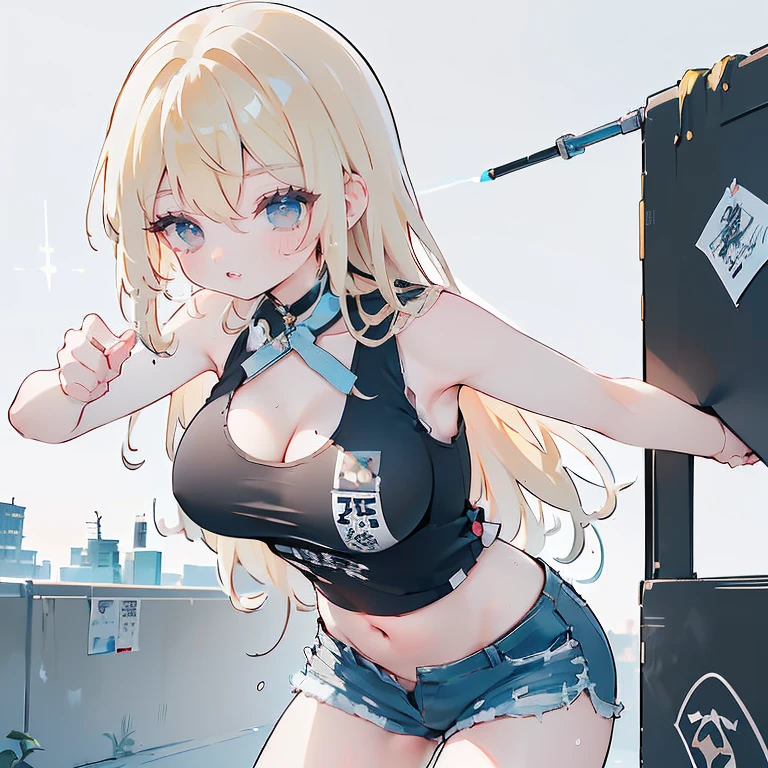 Anime Kawaii sexy Perfect Slim sensual body large breast and huge thighs, An intricate and highly detailed illustration of anime (Young girl) 最high qualiy、best quality image、work of art、adolescent((18-years old、 Becoming、vest bust、medium bust,wide open breast tea、Black eye, hair blonde、Usual hair、long hair、fine tune,higher valley、black tank top with navel、blue shorts、Holding a spray can、smug face、leaning forward)),high qualiy、linda arte、fund((Shining city、wand、graffit、paint))debris flies、Written limit depth、film、visual artwork、Perfect artwork、8k,genuine
