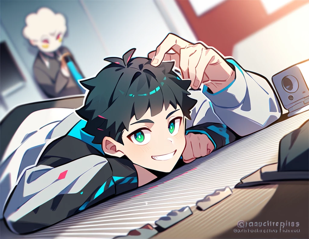 2 young men, focus man , Yaoi, pair, 1 daughter, 2 twin sons, portable princess, bear, look elsewhere, smile, short hair, black hair, green eyes, black hair, gray eyes , The best aesthetics , best quality, Amazing quality, The best aesthetics, nonsense,bright
