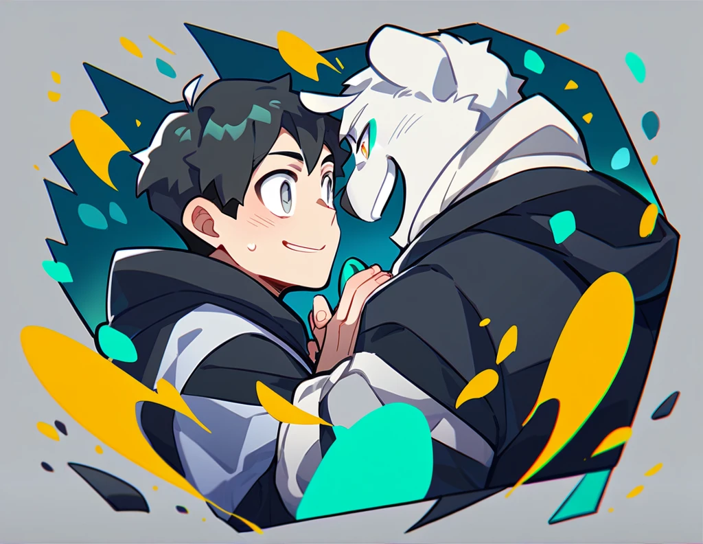2 young men, focus man , Yaoi, pair, 1 daughter, 2 twin sons, portable princess, bear, look elsewhere, smile, short hair, black hair, green eyes, black hair, gray eyes , The best aesthetics , best quality, Amazing quality, The best aesthetics, nonsense,bright