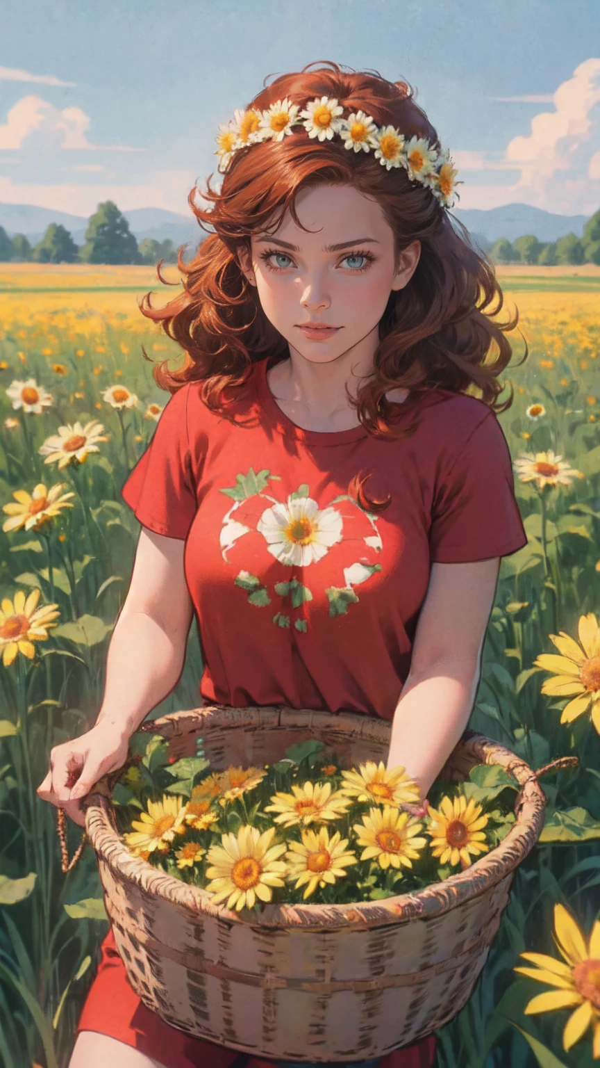 (girl:1.2),alone, (ginger long curly hair:1.1), brown eyes, Wearing a daisy wreath on your head, Sit in a daisy field, (fruit basket:1.1), blue shorts, red shirt,,raw,photographic,photo shadows,actual,Ridiculous,Aesthetic,elegant
