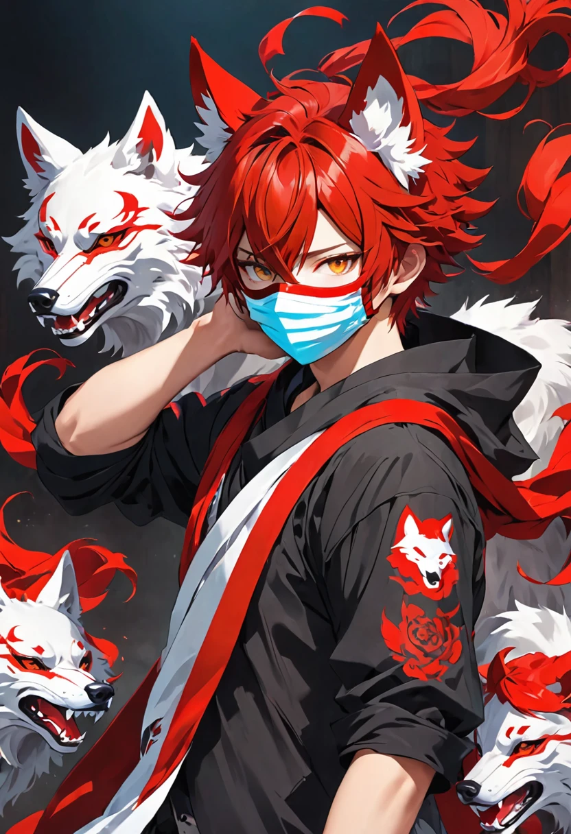 Using a mask Full, Red Hair, Wolf Ears, Boy