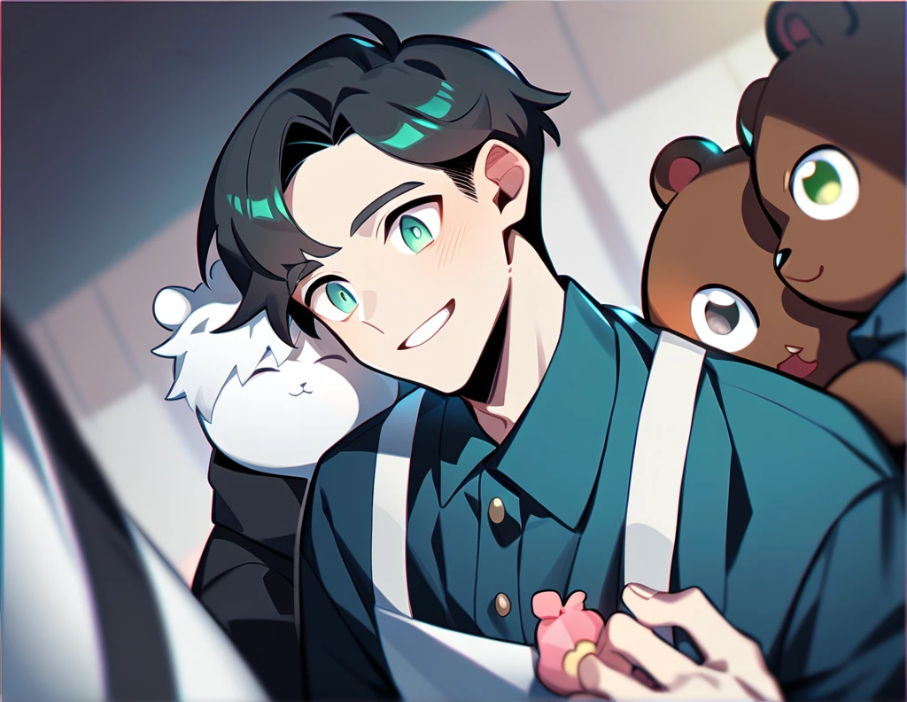 2 young men, focus man , Yaoi, pair, 1 daughter, 2 twin sons, portable princess, bear, look elsewhere, smile, short hair, black hair, green eyes, black hair, gray eyes , The best aesthetics , best quality, Amazing quality, The best aesthetics, nonsense,bright